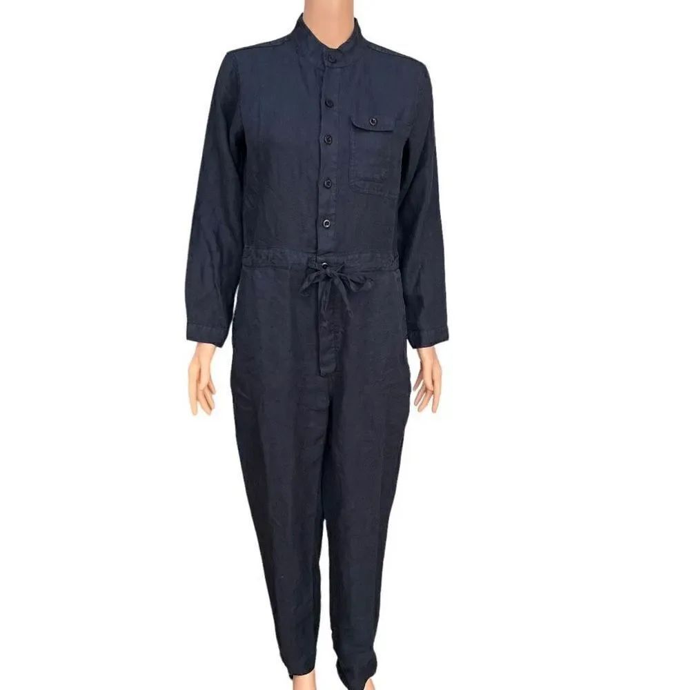 ALEX MILL Mock Neck Logan Jumpsuit in navy linen size S NWT